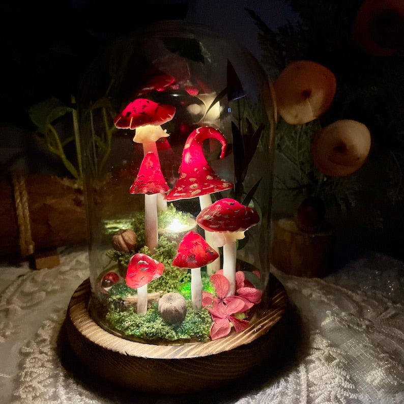 Red Mushroom Lamp with White Dots - Glass Dome LED Night Light, Wooden Base, 15cm Height, Battery or USB Powered