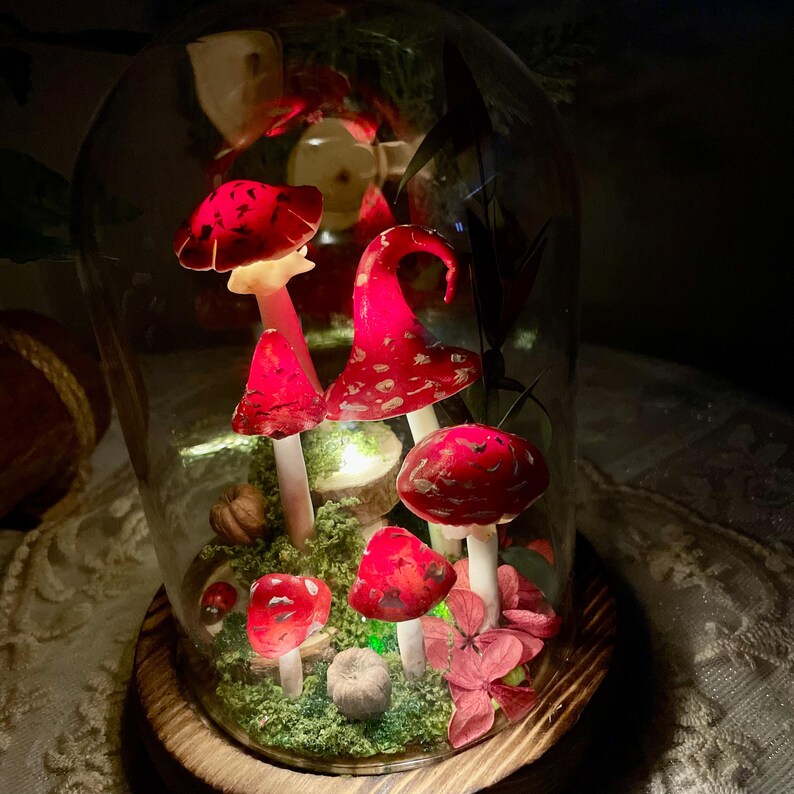 Red Mushroom Lamp with White Dots - Glass Dome LED Night Light, Wooden Base, 15cm Height, Battery or USB Powered