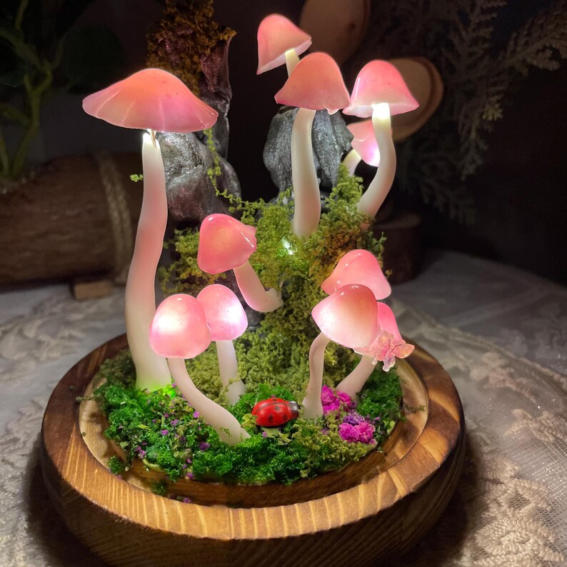 Pink Clay Mushroom Night Light with Wooden Base, Battery or USB Powered, 15 cm Handmade Fairy Lamp