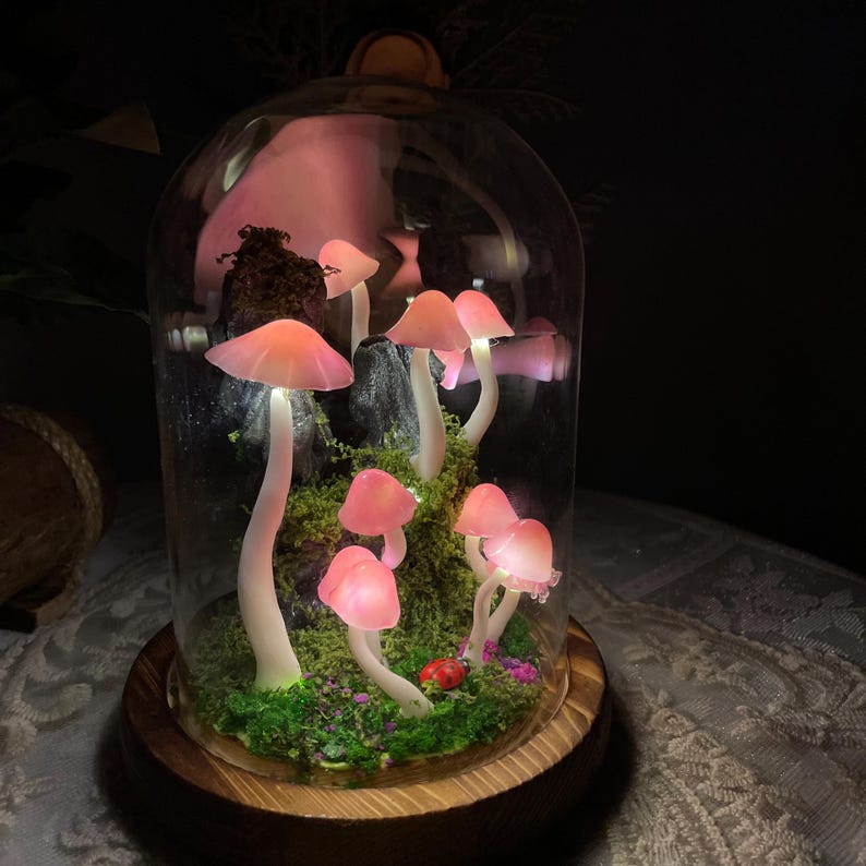 Pink Clay Mushroom Night Light with Wooden Base, Battery or USB Powered, 15 cm Handmade Fairy Lamp