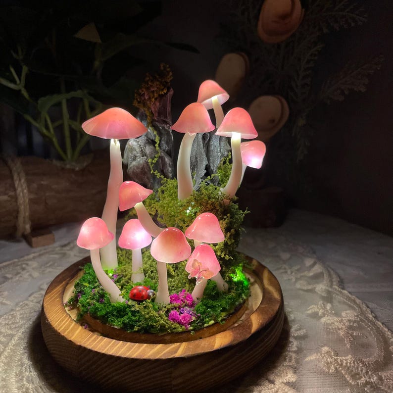 Pink Clay Mushroom Night Light with Wooden Base, Battery or USB Powered, 15 cm Handmade Fairy Lamp
