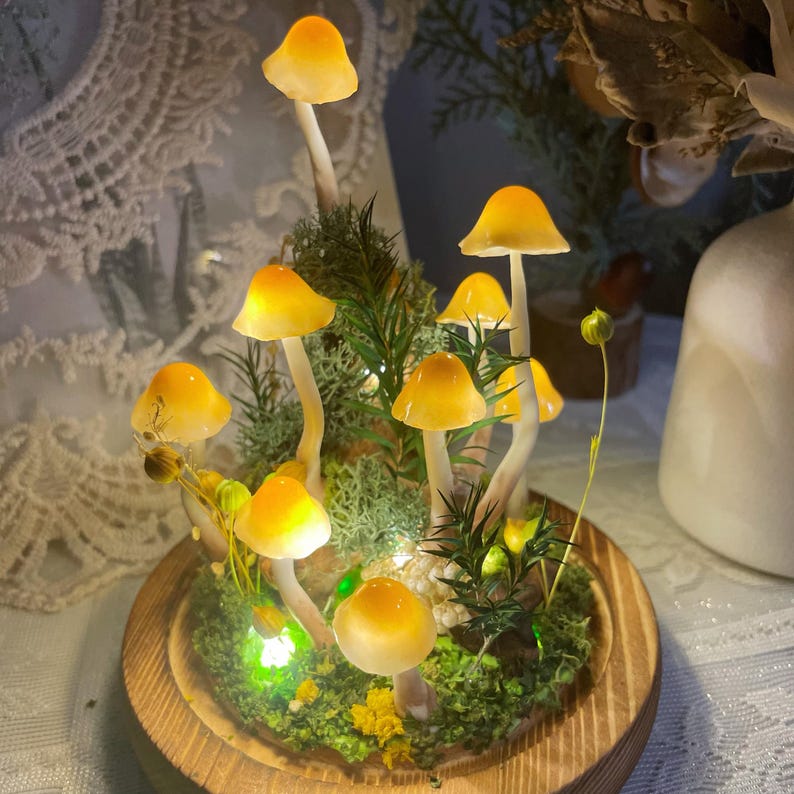 Mushroom Night Light, Handmade Glass Lamp with Wooden Base, Orange, Battery or USB Powered, 15 cm