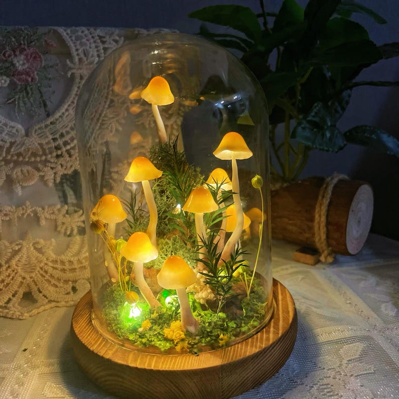 Mushroom Night Light, Handmade Glass Lamp with Wooden Base, Orange, Battery or USB Powered, 15 cm