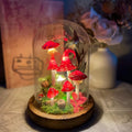 Red Mushroom Lamp with White Dots - Glass Dome LED Night Light, Wooden Base, 15cm Height, Battery or USB Powered