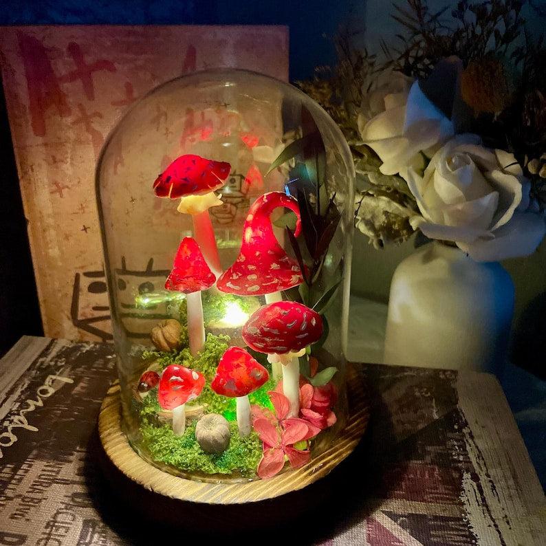 Red Mushroom Lamp with White Dots - Glass Dome LED Night Light, Wooden Base, 15cm Height, Battery or USB Powered