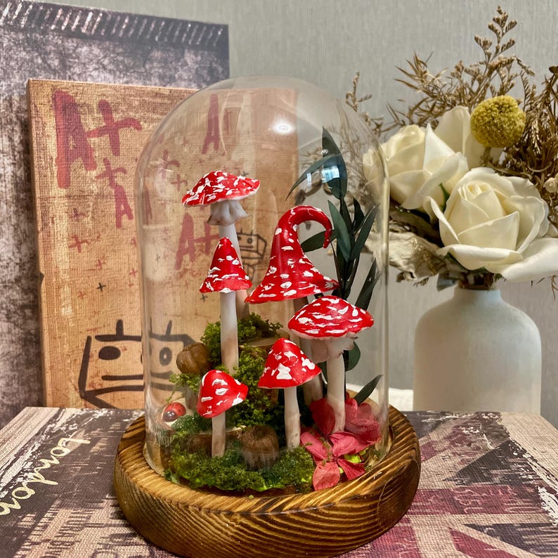 Red Mushroom Lamp with White Dots - Glass Dome LED Night Light, Wooden Base, 15cm Height, Battery or USB Powered