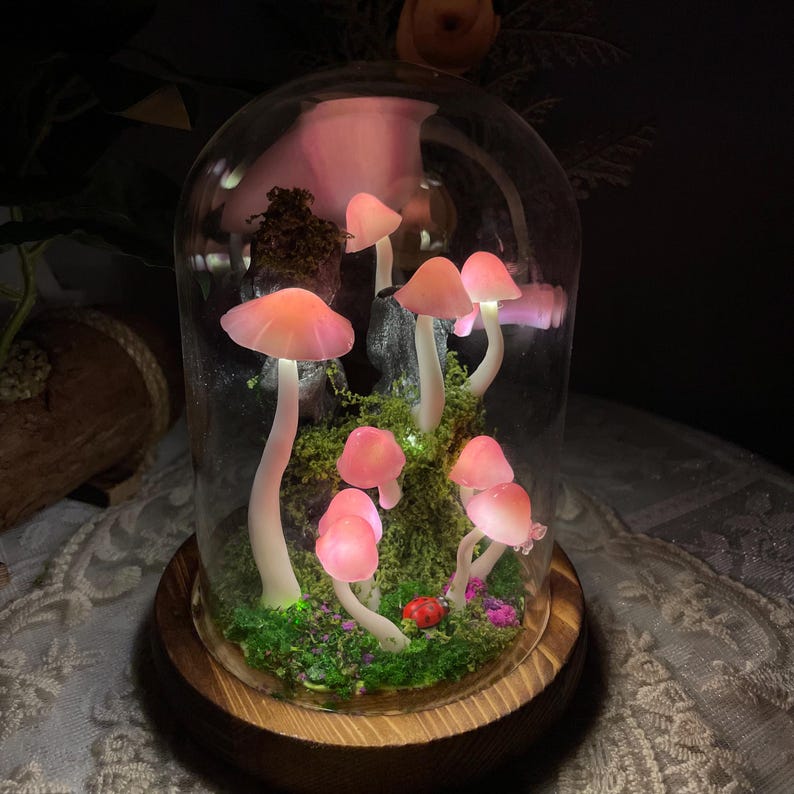 Pink Mushroom Night Light, Handmade Clay Lamp with Wooden Base, Battery or USB Powered, 15cm