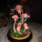 Pink Mushroom Night Light, Handmade Clay Lamp with Wooden Base, Battery or USB Powered, 15cm
