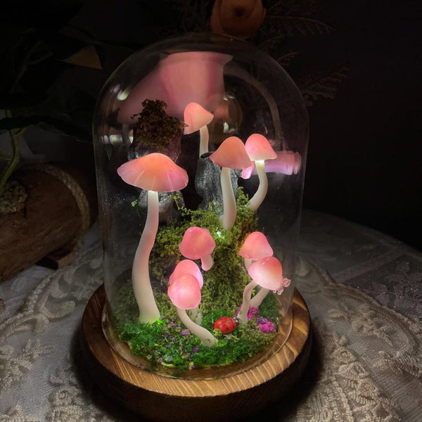 Pink Mushroom Night Light, Handmade Clay Lamp with Wooden Base, Battery or USB Powered, 15cm