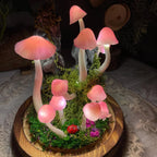 Pink Mushroom Night Light, Handmade Clay Lamp with Wooden Base, Battery or USB Powered, 15cm