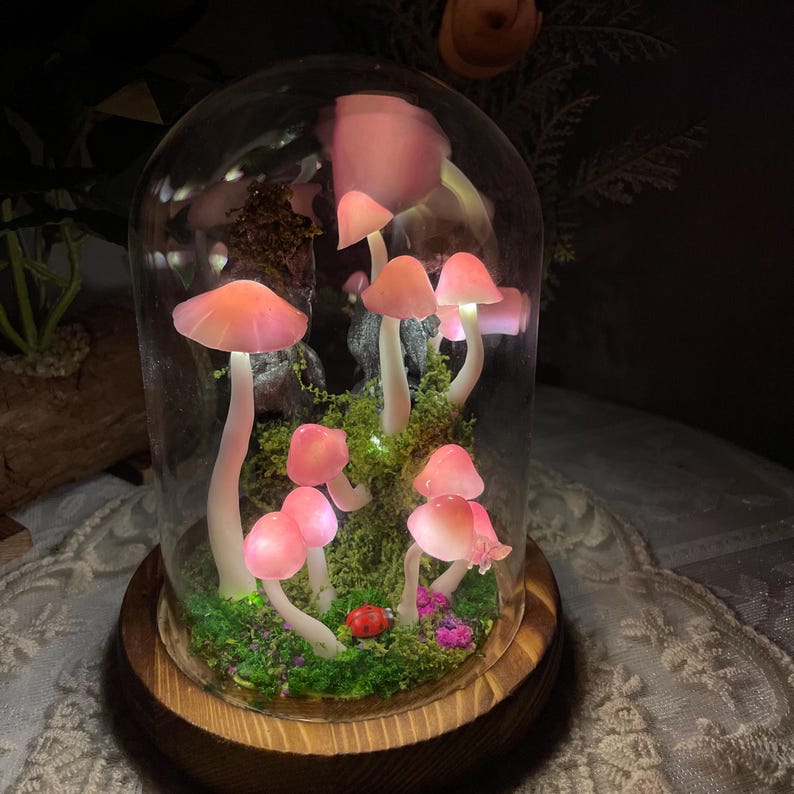 Pink Clay Mushroom Night Light with Wooden Base, Battery or USB Powered, 15 cm Handmade Fairy Lamp