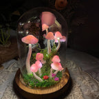 Pink Mushroom Night Light, Handmade Clay Lamp with Wooden Base, Battery or USB Powered, 15cm
