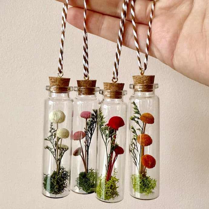 Miniature Pink Mushroom Terrarium Glass Ornament with Dried Florals and Mosses