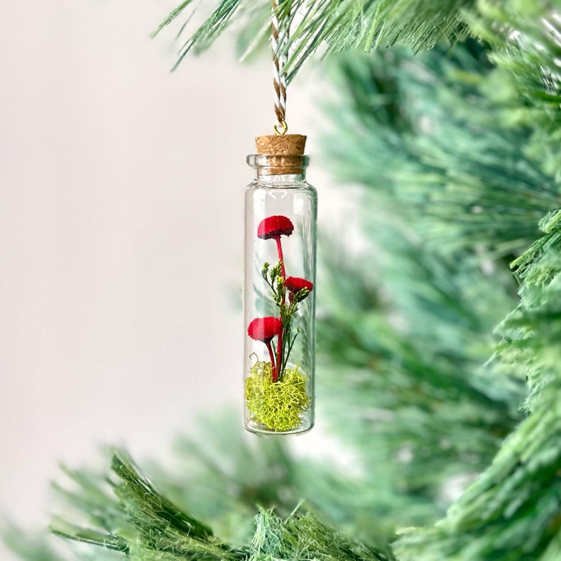 Red Mushroom Terrarium Glass Ornament with Dried Florals and Mosses, 3.35 Inches Tall