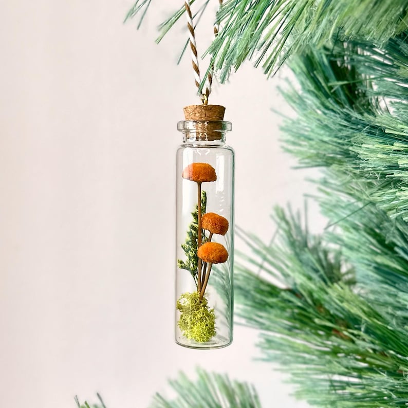Orange Mushroom Terrarium Glass Ornament with Dried Florals and Mosses