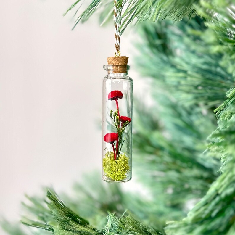 Miniature Mushroom Terrarium Glass Ornament with Dried Florals and Mosses, 3.35 Inch