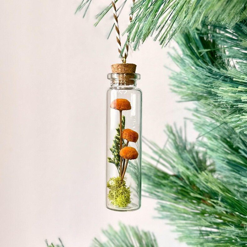 Miniature Mushroom Terrarium Glass Ornament with Dried Florals and Mosses, 3.35 Inch