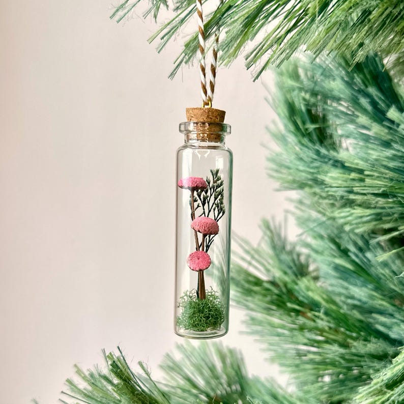 Miniature Mushroom Terrarium Glass Ornament with Dried Florals and Mosses, 3.35 Inch