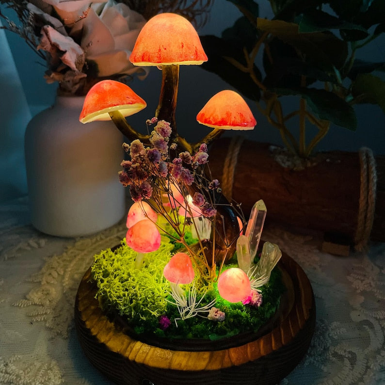 Handmade Mushroom Tree Decor with Crystals, Butterflies, and Moss, Glass and Wooden Base, 15 cm Height