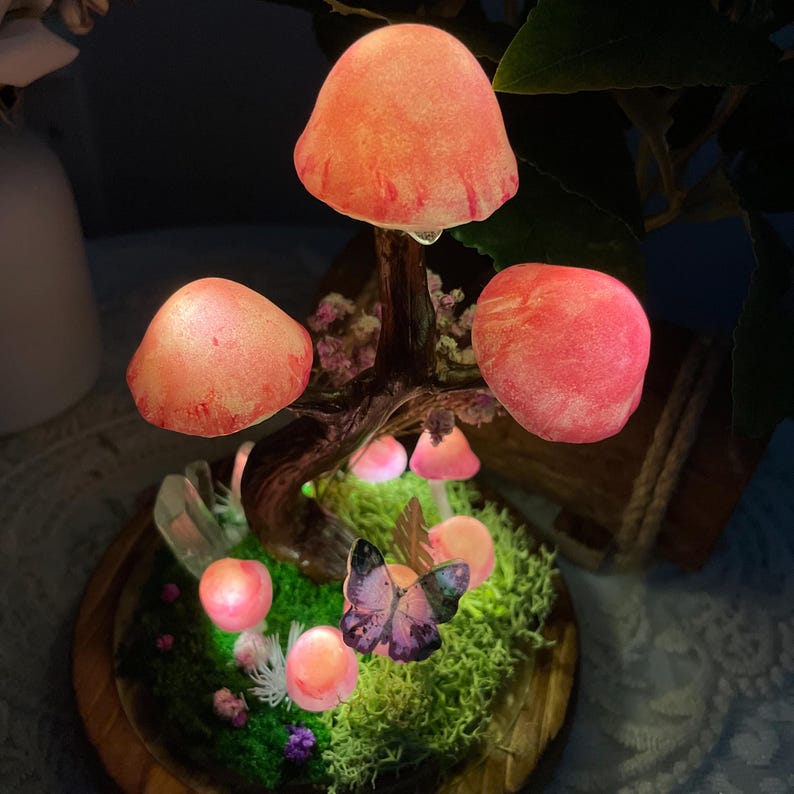 Handmade Mushroom Tree Decor with Crystals, Butterflies, and Moss, Glass and Wooden Base, 15 cm Height