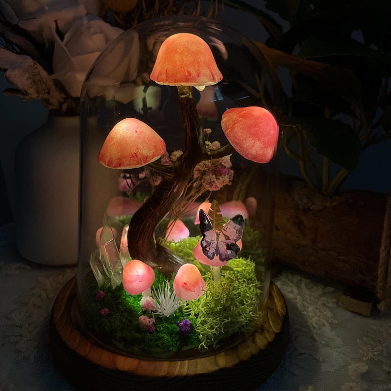 Handmade Mushroom Tree Decor with Crystals, Butterflies, and Moss, Glass and Wooden Base, 15 cm Height