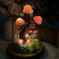 Handmade Mushroom Tree Decor with Crystals, Butterflies, and Moss, Glass and Wooden Base, 15 cm Height