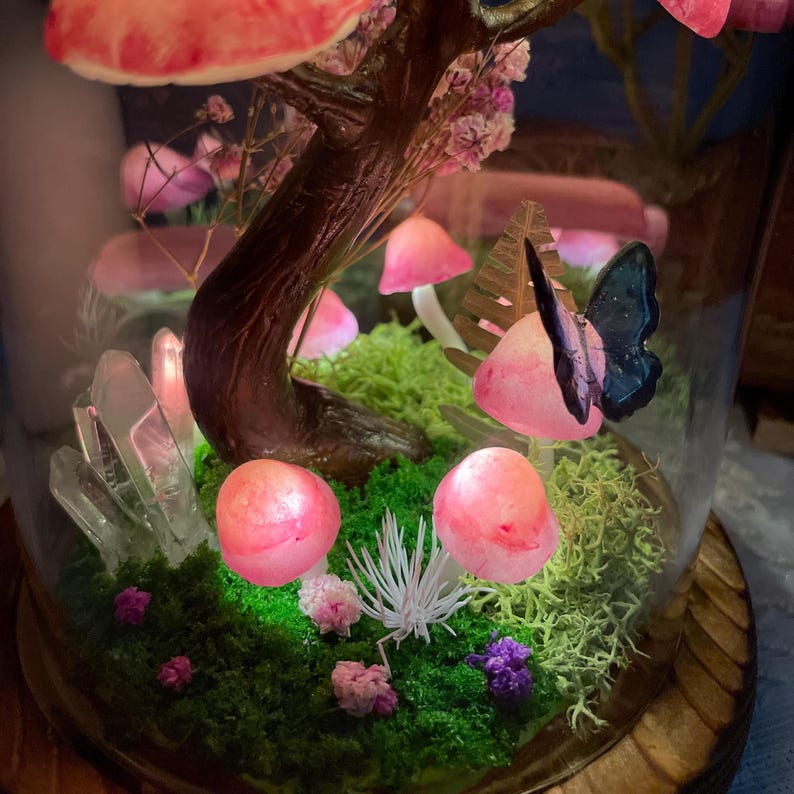 Handmade Mushroom Tree Decor with Crystals, Butterflies, and Moss, Glass and Wooden Base, 15 cm Height
