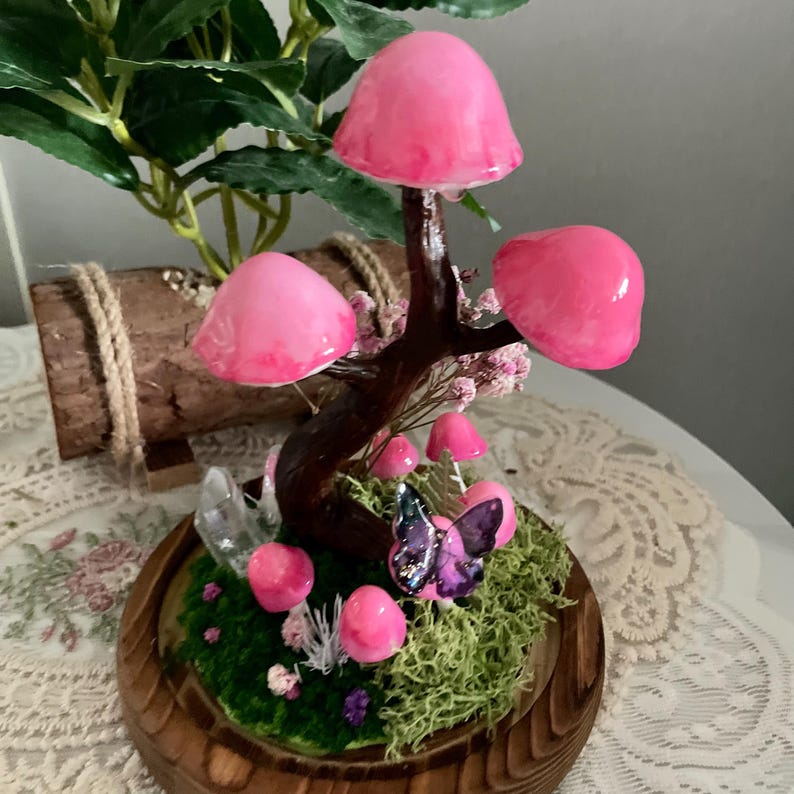 Handmade Mushroom Tree Decor with Crystals, Butterflies, and Moss, Glass and Wooden Base, 15 cm Height