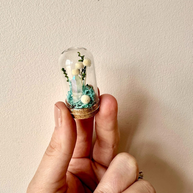 Glass Terrarium with Dried Florals and Quartz Crystal, 1.75" and 2.75" Sizes