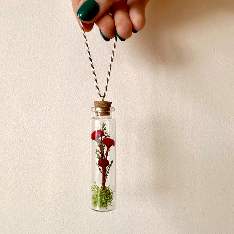 Red Mushroom Terrarium Glass Ornament with Dried Florals and Mosses, 3.35 Inches Tall