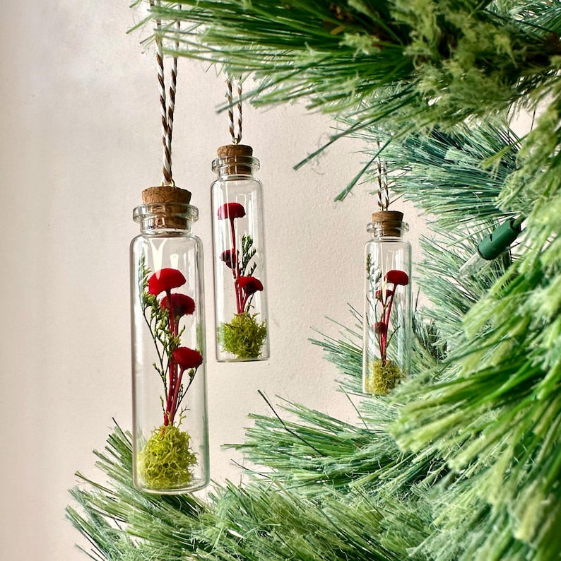 Red Mushroom Terrarium Glass Ornament with Dried Florals and Mosses, 3.35 Inches Tall