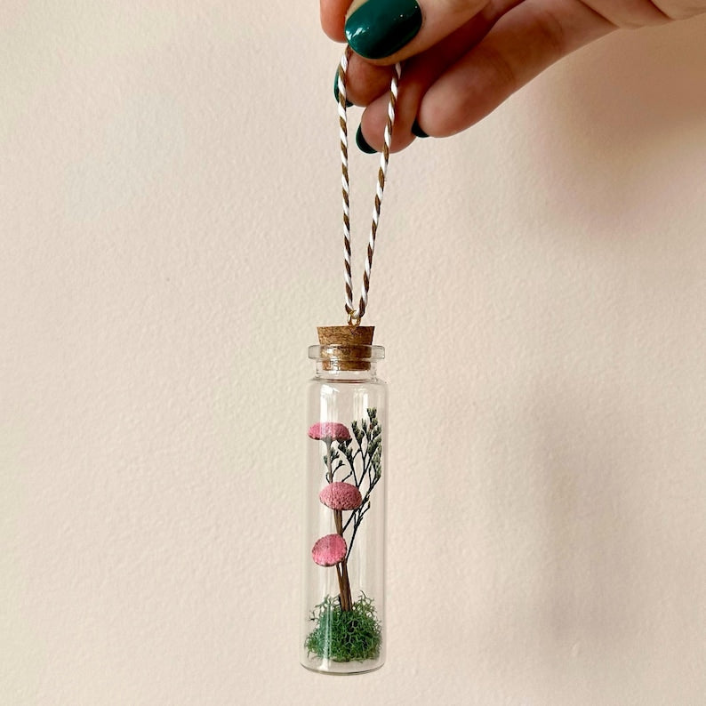 Miniature Pink Mushroom Terrarium Glass Ornament with Dried Florals and Mosses