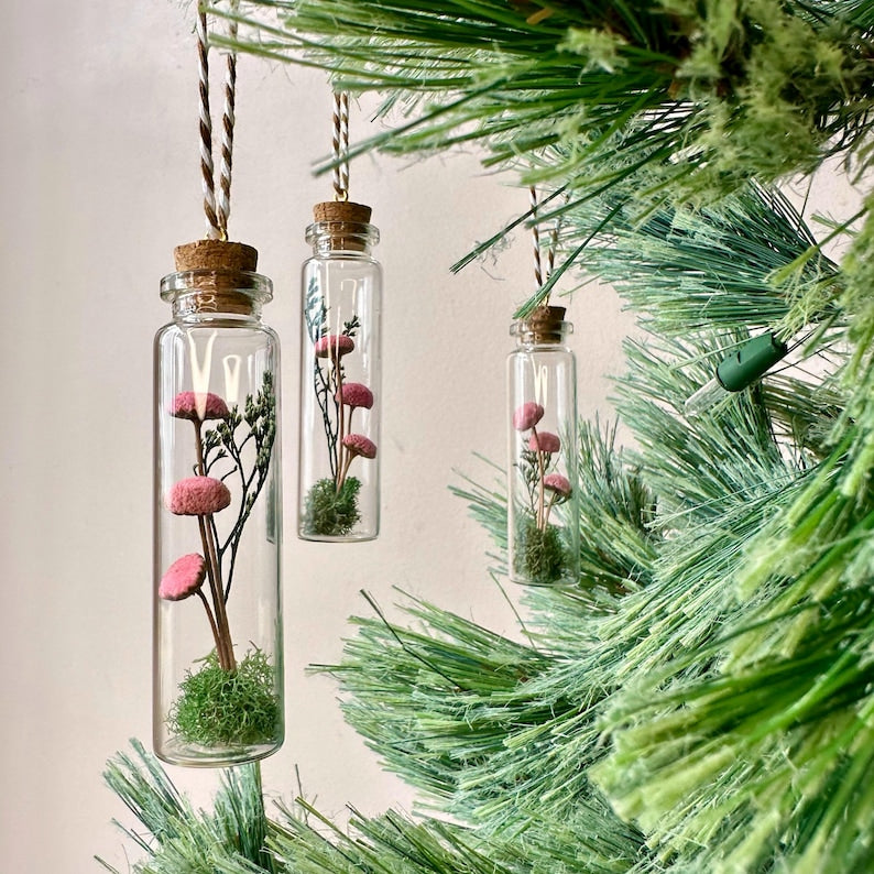 Miniature Pink Mushroom Terrarium Glass Ornament with Dried Florals and Mosses