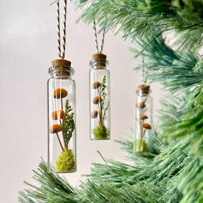 Orange Mushroom Terrarium Glass Ornament with Dried Florals and Mosses