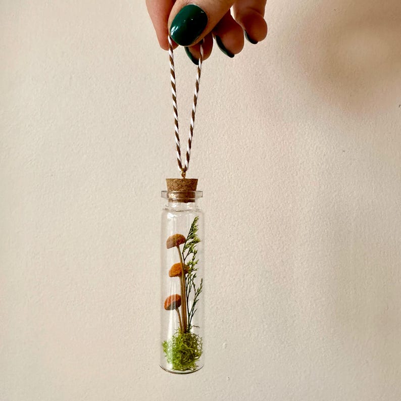 Orange Mushroom Terrarium Glass Ornament with Dried Florals and Mosses