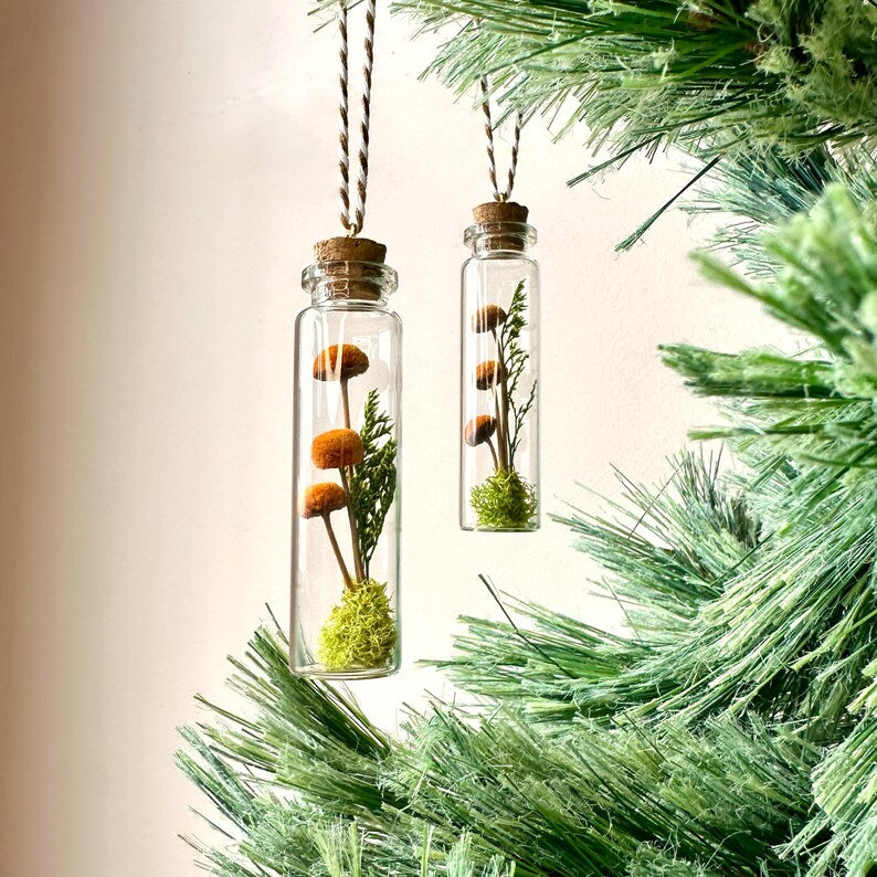Orange Mushroom Terrarium Glass Ornament with Dried Florals and Mosses