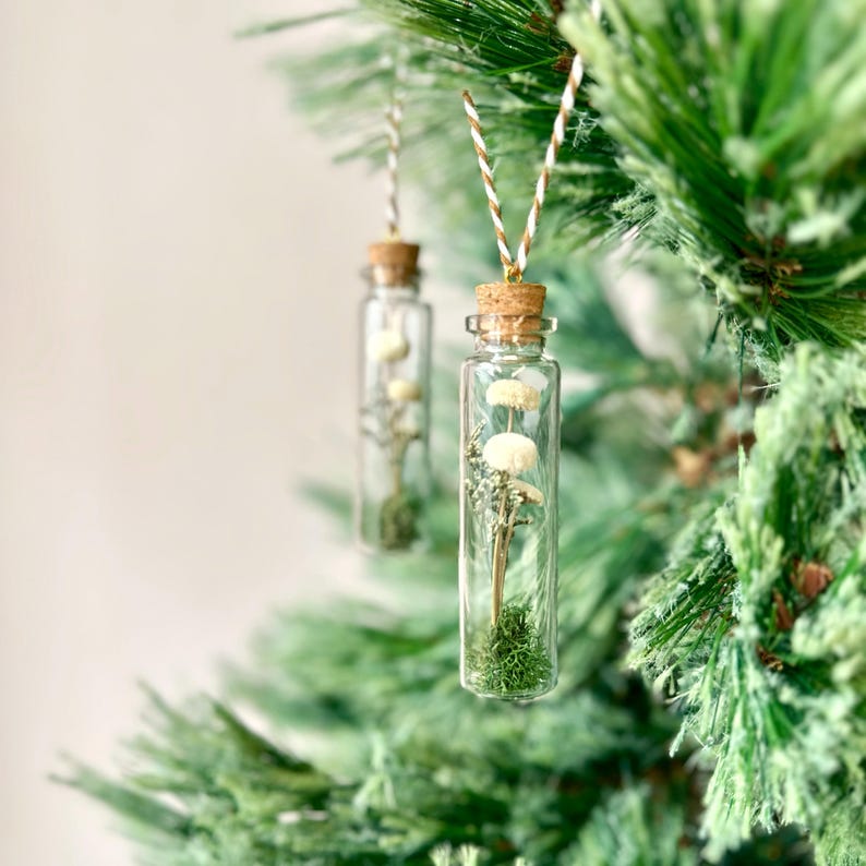 White Mushroom Terrarium Glass Ornament with Dried Florals and Mosses, 3.35 Inch