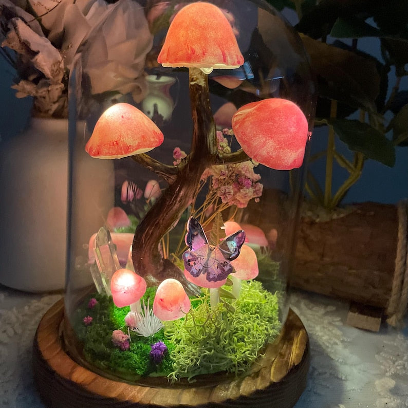 Handmade Mushroom Tree Decor with Crystals, Butterflies, and Moss, Glass and Wooden Base, 15 cm Height