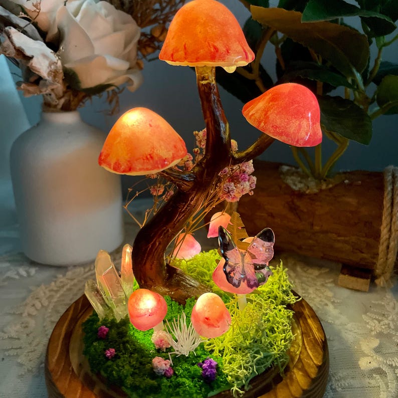 Handmade Mushroom Tree Decor with Crystals, Butterflies, and Moss, Glass and Wooden Base, 15 cm Height