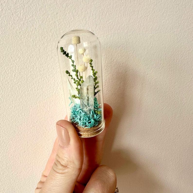 Glass Terrarium with Dried Florals and Quartz Crystal, 1.75" and 2.75" Sizes