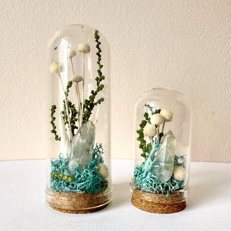 Glass Terrarium with Dried Florals and Quartz Crystal, 1.75" and 2.75" Sizes