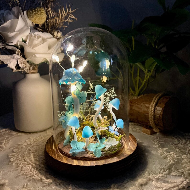 Blue Mushroom Night Light Glass & Wooden Base 15cm Handcrafted Decorative Lamp