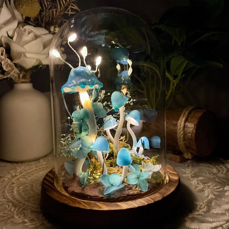 Blue Mushroom Night Light Glass & Wooden Base 15cm Handcrafted Decorative Lamp