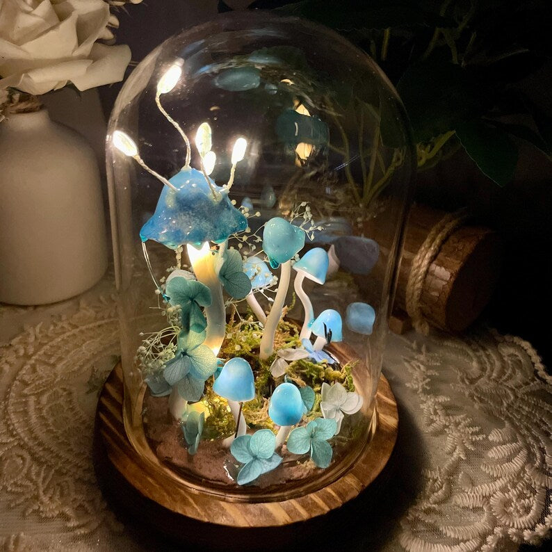 Blue Mushroom Night Light Glass & Wooden Base 15cm Handcrafted Decorative Lamp