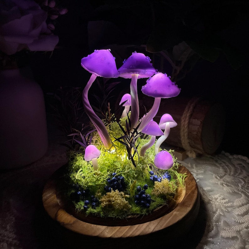 Purple Glass Mushroom Night Light with Wooden Base, Battery or USB Powered, 15 cm Fantasy Forest Lamp for Bedroom