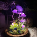 Purple Glass Mushroom Night Light with Wooden Base, Battery or USB Powered, 15 cm Fantasy Forest Lamp for Bedroom