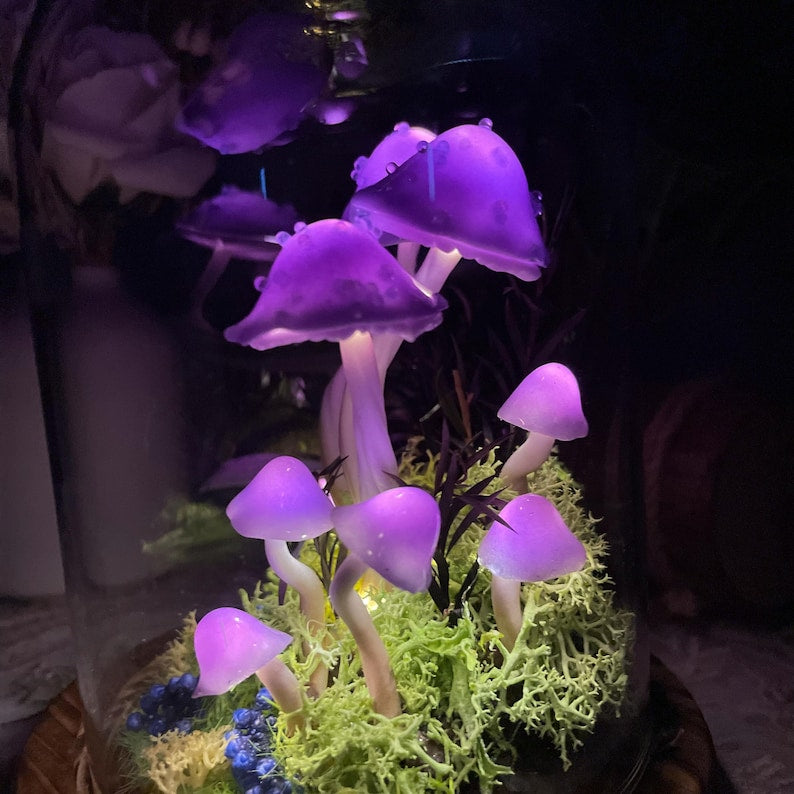 Purple Glass Mushroom Night Light with Wooden Base, Battery or USB Powered, 15 cm Fantasy Forest Lamp for Bedroom
