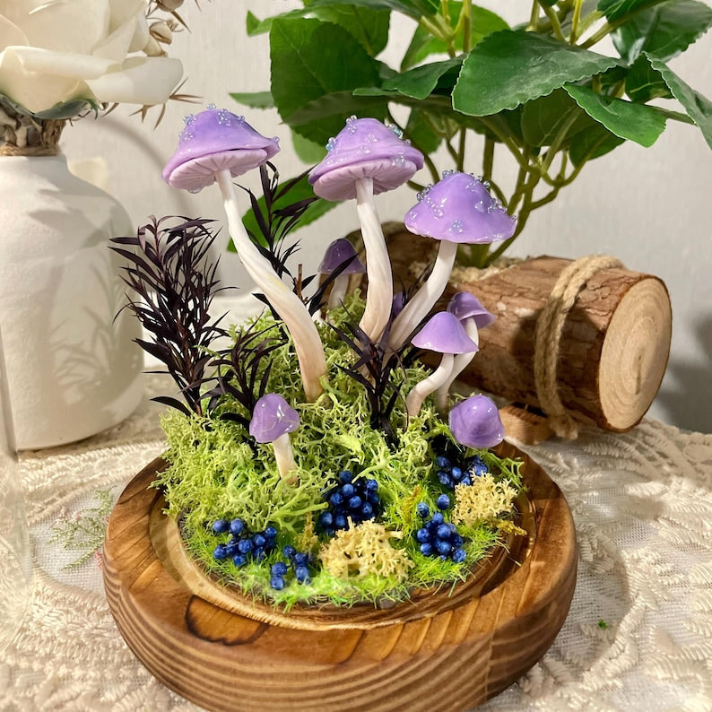 Purple Glass Mushroom Night Light with Wooden Base, Battery or USB Powered, 15 cm Fantasy Forest Lamp for Bedroom
