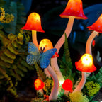 Red Mushroom Night Light with Glass Dome, Wooden Base, LED Glowing Crystals, Forest Home Decor