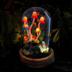 Red Mushroom Night Light with Glass Dome, Wooden Base, LED Glowing Crystals, Forest Home Decor